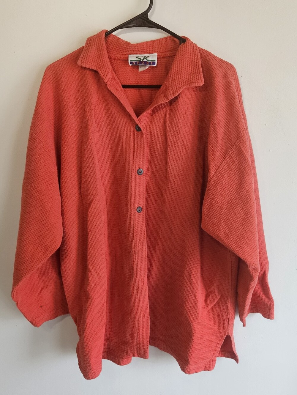 SK Sport Vintage Waffle Knit Button Up Shirt Orange Coral Oversized Women's Larg